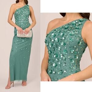 ADRIANNA PAPELL DRESS 14 GREEN SEQUIN BEADED 3D FLOWERS ONE SHOULDER LONG MAXI